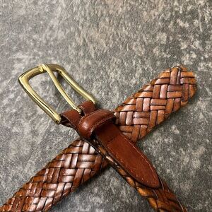 Brown Woven Leather Belt with Gold Buckle